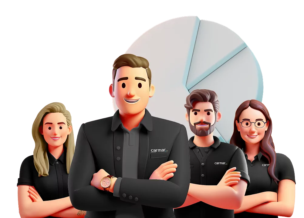 Avatare des Expertenteams der carmar GmbH in schwarzer Firmenkleidung